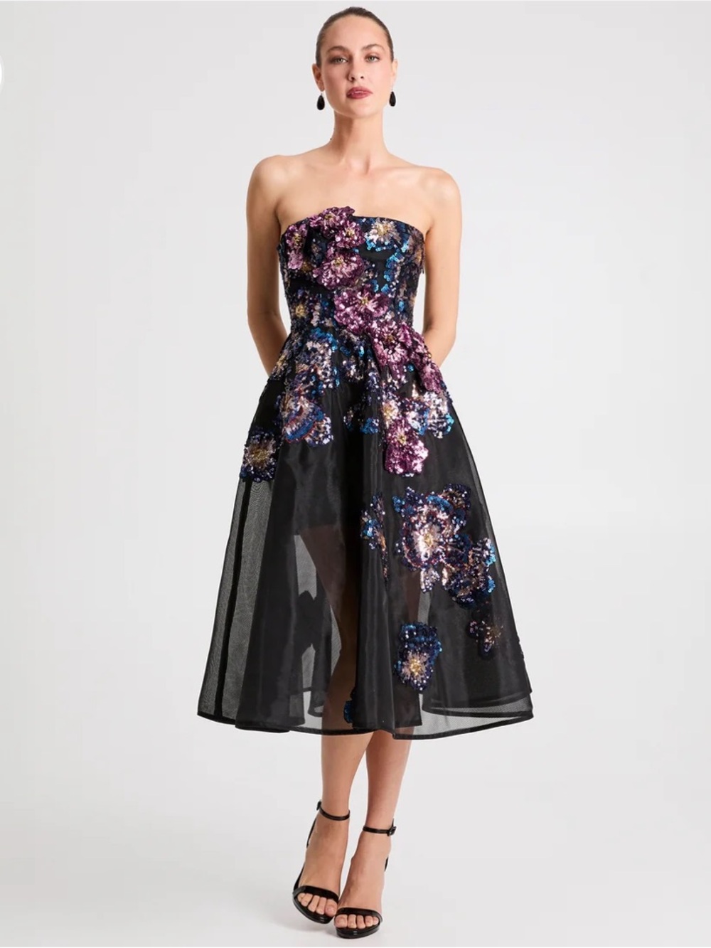 helsi valeria black 3d floral applique sequin strapless midi dress size XS NEW